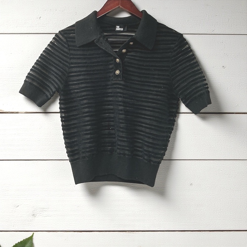 The Kooples Black Sheer Striped Knit Polo Shirt Short Sleeve Top Size S - Picture 2 of 7